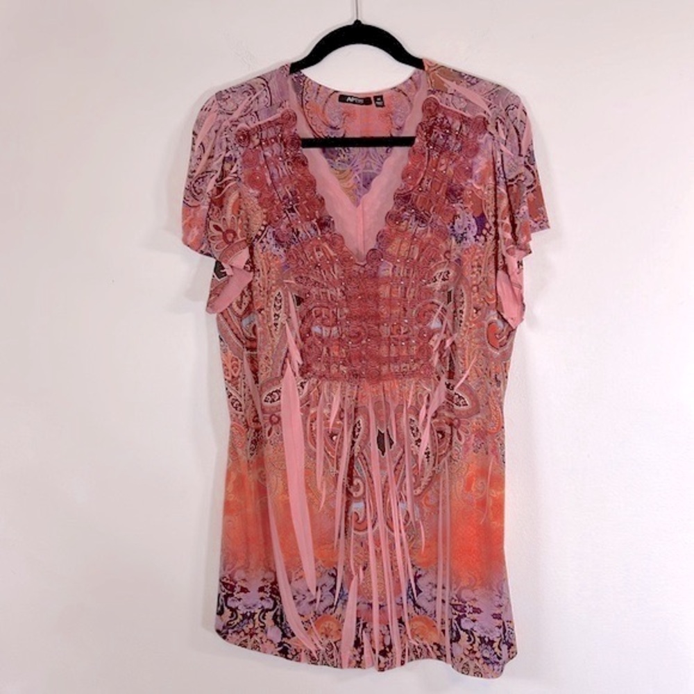 Apt 9 Boho Flowy Embroidered Beaded Women’s Size 1X Paisley Flutter Sleeve Tunic
